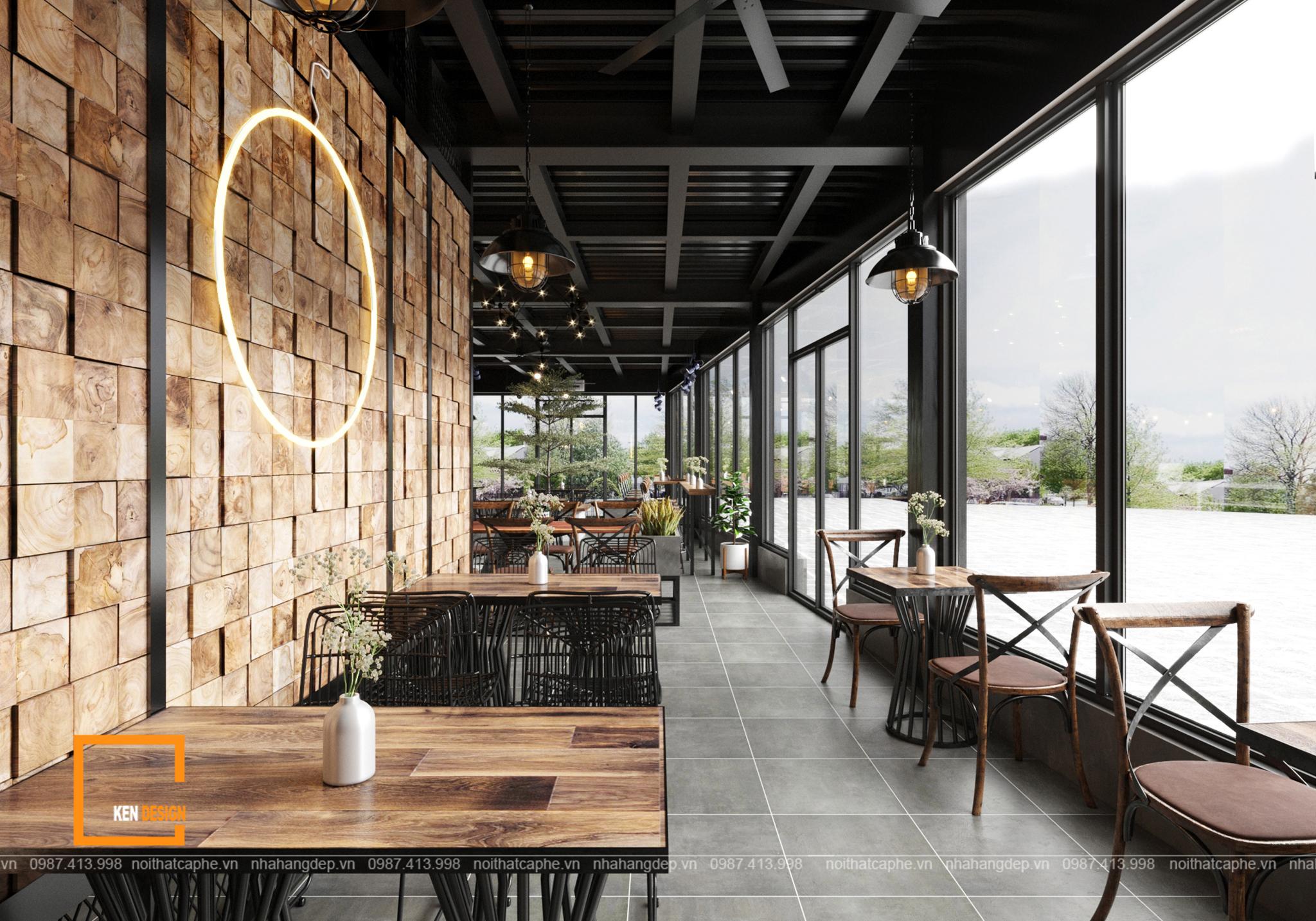 thiết kế cafe industrial kết hợp rustic