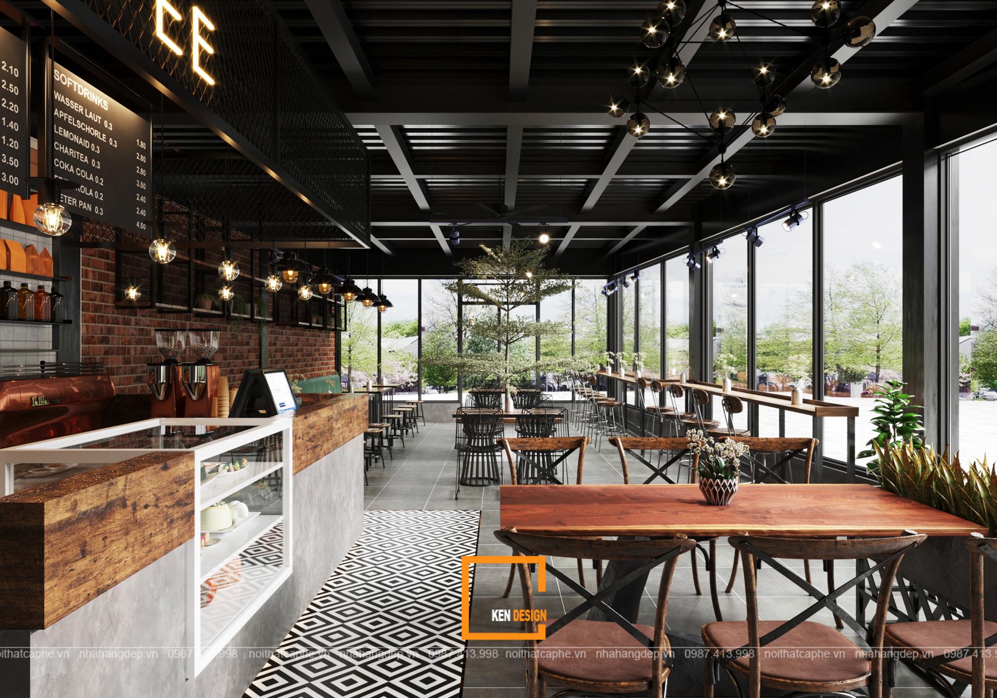 thiết kế cafe industrial kết hợp rustic